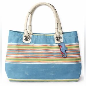 Coach Y2K Striped Canvas Seahorse Charm Tote Beach Bag Coastal